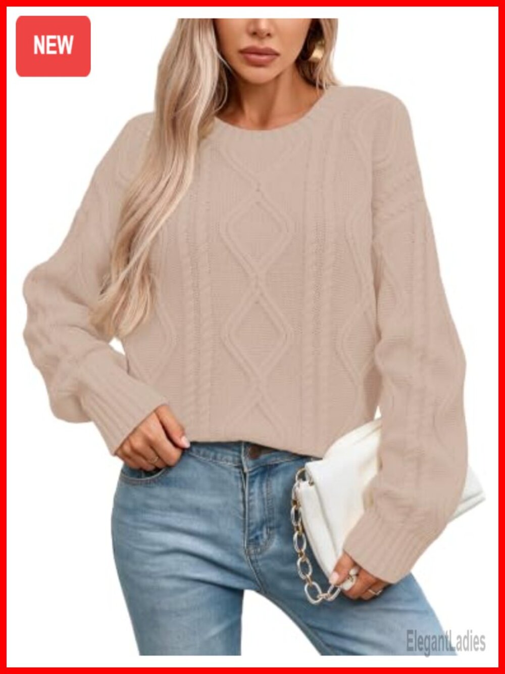 Oversized Chunky Cable Knit Crewneck Long Sleeve Pullover Sweater